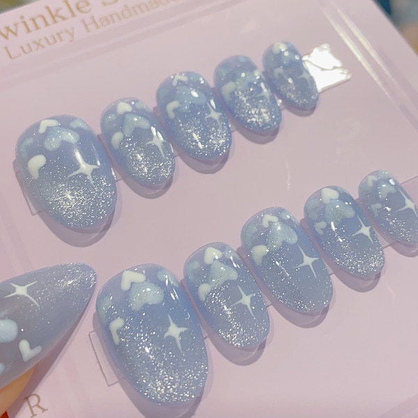 New Version | Short Baby Blue Reflective Cat Eye Little Heart Press On Nails | Gel Nails | Heart Nails | Cat Eye Nails | lmz142