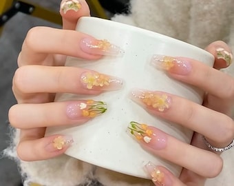 Gorgeous Blooming Yellow Spring Tulip Press On Nails | 3D Flower Nails Design | Gel Nails | Handmade Nails | rmz1888
