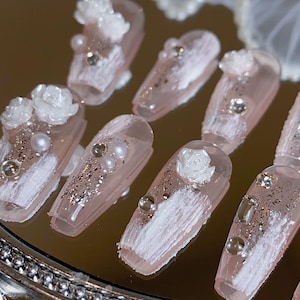Twinkling White Rose Press On Nails | Reusable Nails | Premium Nails | Glitter Nails | Beautifully Handmade Nails | Imz1222