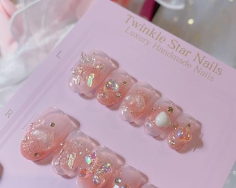 Feeling cute! | Short Glitter Butterfly And Heart Press On Nails | Kawaii Nails | Gel Nails | Heart Nails | Well Handmade Nails | Imz1504