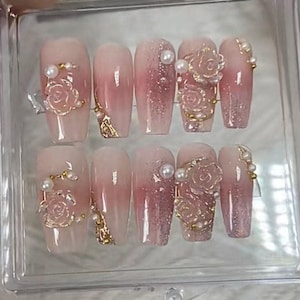 Elegant Clear Rose Glitter Press On Nails | Premium Nails | Gorgeous Nails | Luxury Nails | Pretty Nails | yyz1301