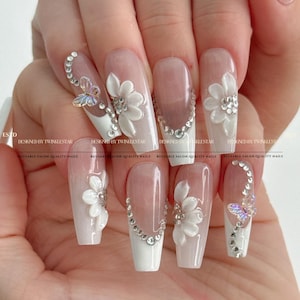 Allure Romance in Pure White Press On Nails, 3D Flower Butterfly Nails, Bridal Wedding Nails, Rhinestone French Tip Nails, xwj54