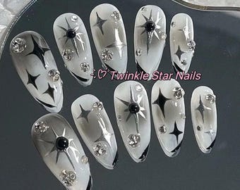 Y2K Black Airbrushed And Silver Stars Press On Nails | Cool Nails | Handmade Nails | Gel Nails | Glue On The Nails | yyz1223