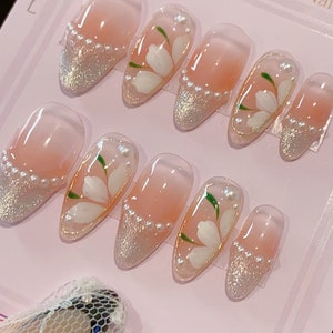 French Silver Cat Eye and Blushed Flower | Summer Nails | Premium Nails | Gel Nails | Holiday Nails | Handmade Nails | lmz128
