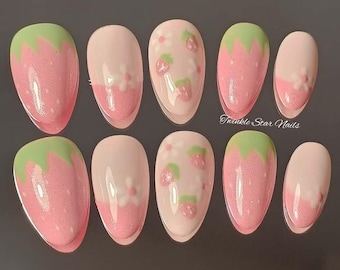 Strawberry Girly Frenchie Nails | Reusable Sturdy Strong Gel Fake Acrylic Nails | Short Long Press On Nails | Salon Quality Nails|