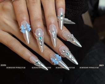 Pearl Sugar Glitter with Light blue Diamond Rhinestone Press On Nails | Luxury Nails | Shiny Nails | Princess Nails | Salon Quality Nails