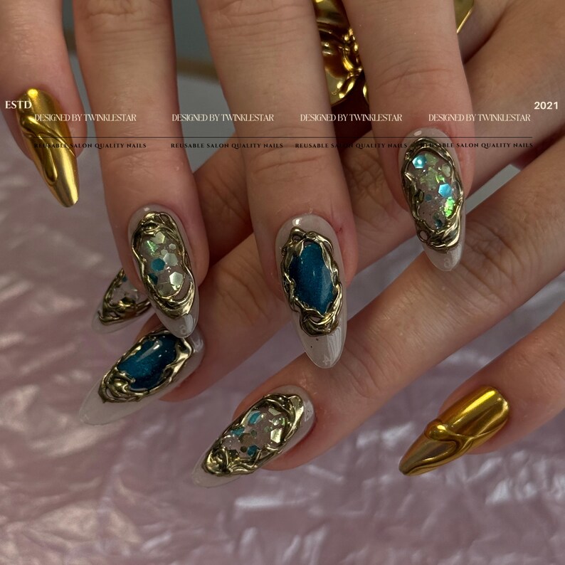 Gold Shell Blue Crystal Gemstone Press On Nails, Luxury Gold Chrome Nails, Ocean Inspired Gem Nails, Reusable Handmade Nails image 3