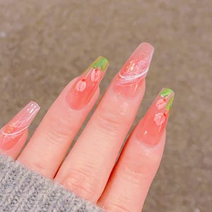 Holographic Opal Flakes Pink Tulip Press Nails | Premium Nails | Gorgeous Nails | Salon Quality Nails | xyz2555