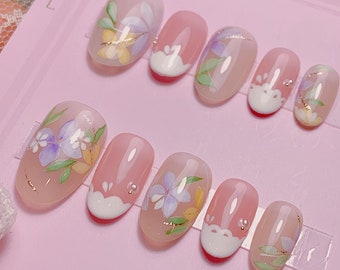 Cute Easter Bunny Press-On Nails, Handmade Bunny Reusable Nails, Pastel Hand Painted Glue On Nails, Gift For Her Nails