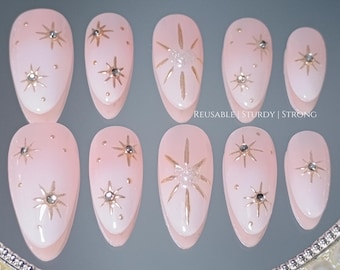 Gradient Sparkling Gold Celestial Press On Nails | Handmade Press Ons Faux Acrylic Gel Nails, Short Long Nails, Cat Eye Nail Art, xhj433