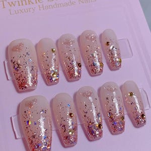 Love Heart Pink Glitter Press On Nails | Durable Nails | Reusable Nails | Gel Nails | 3min to apply at home | Salon Quality Nails