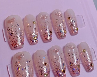 Love Heart Pink Glitter Press On Nails | Durable Nails | Reusable Nails | Gel Nails | 3min to apply at home | Salon Quality Nails
