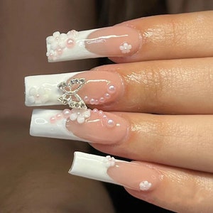 Luxury White French Silver Butterfly Press On Nails | Premium Nails | Glue On The Nails | Pearl Nails | yyz1307