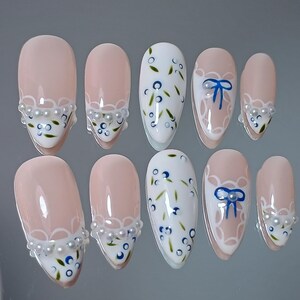 Lace Blueberry Press On Nail, Hand Painted Coquette Almond White French Tip Nails, Elegant Soft Girl Aesthetic Salon Quality Nails, XHJ755 image 2