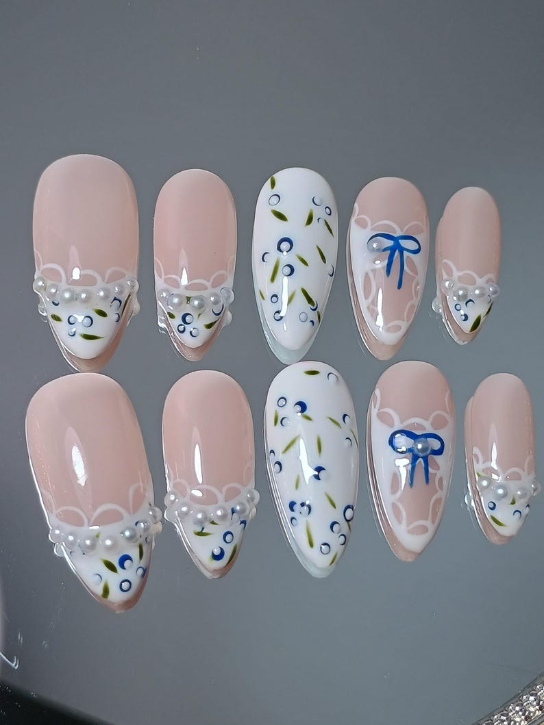 Lace Blueberry Press On Nail, Hand Painted Coquette Almond White French Tip Nails, Elegant Soft Girl Aesthetic Salon Quality Nails, XHJ755 image 2