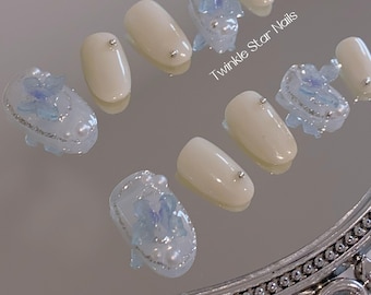 Short Beige And Pretty Blue Butterfly Pearls Press On Nails | Gel Nails | Kpop Nails | Salon Quality Nails | imz2807