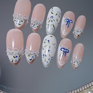 Lace Blueberry Press On Nail, Hand Painted Coquette Almond White French Tip Nails, Elegant Soft Girl Aesthetic Salon Quality Nails, XHJ755 image 4