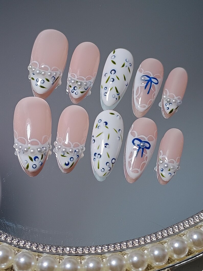 Lace Blueberry Press On Nail, Hand Painted Coquette Almond White French Tip Nails, Elegant Soft Girl Aesthetic Salon Quality Nails, XHJ755 image 4