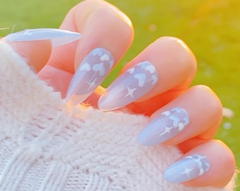 New Version | Medium Baby Blue Reflective Cat Eye Little Heart Press On Nails | Gel Nails | Heart Nails | Cat Eye Nails | lmz142