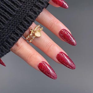 Antique Ruby Red Glitter Press On Nails, Handmade Almond Shimmer Nails, Deep Red Sparkle Reusable Fake Nails, Elegant Gel Mani, TM159
