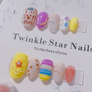 Colorful Hand-painted Fun Press On Nails | Cute Nails | Short Nails | Summer Nails | Gel Nails | xyz128