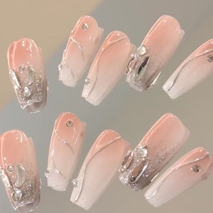 Swirl Ombré Glitter Rhinestones Press On Nails | Wavy Nails | Casual Nails | Ombre Nails | False Nails | Handmade Nails | lmz12