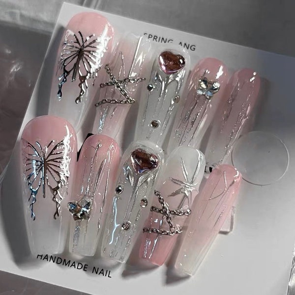 Y2K Silver Butterfly With Chain Press on Nails | Pink To White Ombre Nails | Premium Nails | Luxury Nails | yyz1304