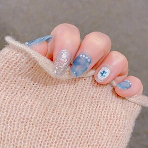 Elegant Marble Gray Blue Rose Press On Nails | Short Nails | Gel Nails | Summer Nails | imz2390