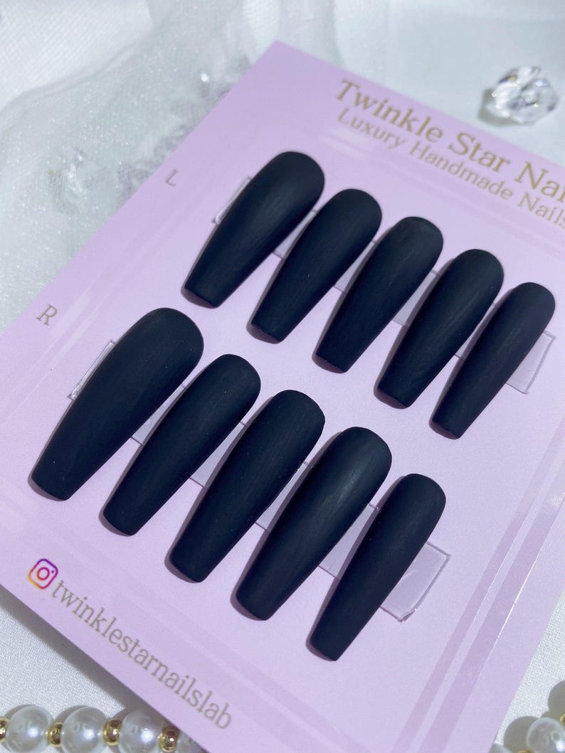 Reusable Matte Black Press On Nails | Hidden Gem Nail Shop | Acrylic Nails |False Nails | Glue On Nails | Handmade Press-ons | lmz116 image 4