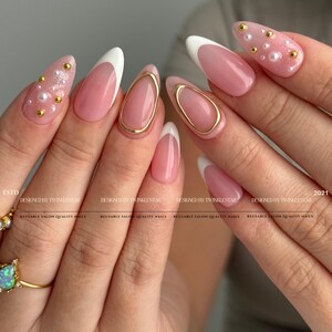 Chic Pink and White Glitter Press-On Nails,| Gold Chrome Nails, Handmade White Frenchtip Press Ons, Custom Nails, HJ557 image 3