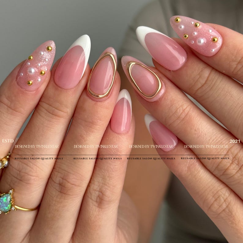 Chic Pink and White Glitter Press-On Nails,| Gold Chrome Nails, Handmade White Frenchtip Press Ons, Custom Nails, HJ557 image 3