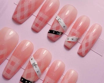 Pink ombré, White x Black belts  | Unique Nail Design | Checkered Nails | Pink Nails | Gel Nails | Salon Quality Nails | xml1356