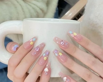 Clear Based Colourful  Flower Tiny Heart Press On Nails | Clean Nails | Premium Nails | Summer Nails | Glue On Nails | yyz1243
