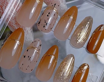 Reusable Caramel and Gold Chrome Press On Nails | Cozy Nails | Gel Nails | Brown Nails | xtz3105