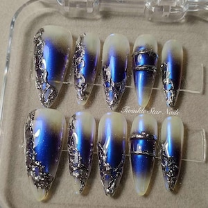 Glazed Deep Blue Silver Chrome Press On Nails | Reusable Sturdy Strong Gel Fake Acrylic Nails | Short Press On Nails | Salon Quality Nails|