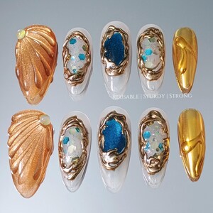 Gold Shell Blue Crystal Gemstone Press On Nails, Luxury Gold Chrome Nails, Ocean Inspired Gem Nails, Reusable Handmade Nails image 9
