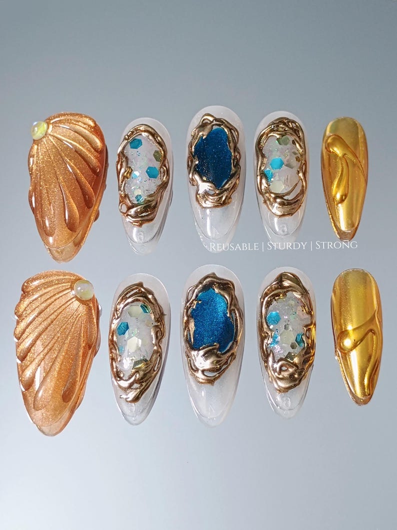 Gold Shell Blue Crystal Gemstone Press On Nails, Luxury Gold Chrome Nails, Ocean Inspired Gem Nails, Reusable Handmade Nails image 9