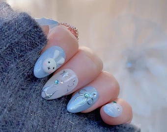 Coquette Miffy Inspired Press On Nails | Reusable Sturdy Strong Gel Fake Acrylic Nails | Short Long Press On Nails | Salon Quality Nails|
