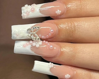 Luxury White French Silver Butterfly Press On Nails | Premium Nails | Glue On The Nails | Pearl Nails | yyz1307