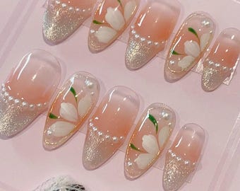 French Silver Cat Eye and Blushed Flower | Summer Nails | Premium Nails | Gel Nails | Holiday Nails | Handmade Nails | lmz128