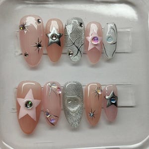 Custom Design No.51 Press On Nails | Cateye Nails | Silver Star Nails | Luxury Nails | High Quality Nails | Gel Nails | xlm1630 image 1