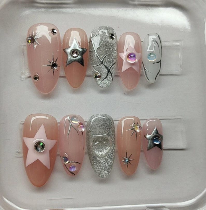 Custom Design No.51 Press On Nails | Cateye Nails | Silver Star Nails | Luxury Nails | High Quality Nails | Gel Nails | xlm1630 image 1