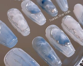 Reusable Grey Blue Ombre Press On Nails | Silver Chrome Nails | Unique Nails | Nail Design | Party Nails | Handmade Nails | xxm1310