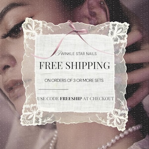 The image is a promotional advertisement for Twinkle Star nails, offering free shipping on orders of 3 or more sets. The ad features a close-up of a person's face and neck area, with a lace-like frame surrounding the text.