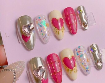 Adorable Hot Pink Heart Funky Press On Nails / Durable Nails / Premium Nails / Gel Nails / Glue On The Nails / Salon Quality Nails