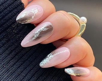 BlackPink and Silver Chrome Press On Nails | Cool Nails | Trendy Nails | Almond Nails | Reusable Nails | Salon Quality Nails | xtz605
