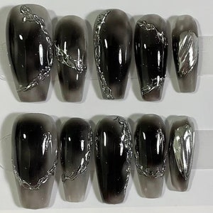Black Marble With Silver Chrome Press On Nails | Y2K Nails | Cool Nails | Black Nails | Handmade Nails | yyz1112