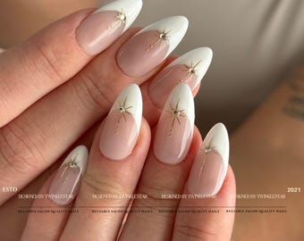 Classic Golden Celestial and Pure White French Tips | Reusable Press On Nails | Acrylic Nails | Handmade Gel Nails | xhj544