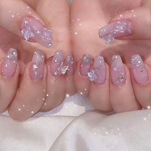 Beautiful Jelly Pink Swirl Glitter Butterfly Press On Nails | Glitter Nails | Gorgeous Nails | Glue On Nails | Kpop Nails | rmz1804