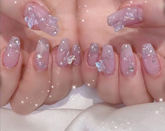 Beautiful Jelly Pink Swirl Glitter Butterfly Press On Nails | Glitter Nails | Gorgeous Nails | Glue On Nails | Kpop Nails | rmz1804